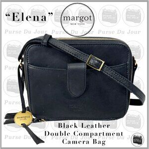 Margot Elena Black Leather Crossbody Double Zip Camera Crossbody Purse Charm